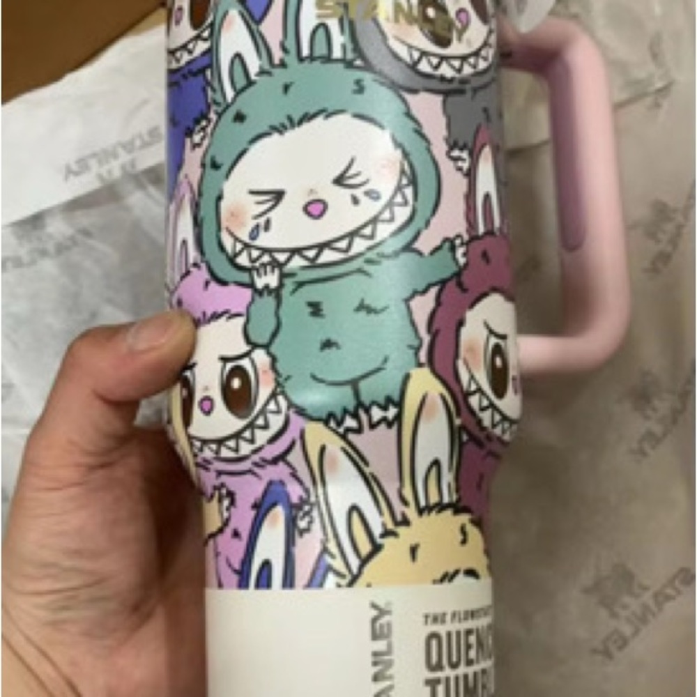 Stanley Labubu Tumbler4 total with Cartoon Characters in Green, Pink, and Purple
